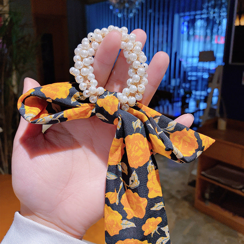 Pearl Hair Tie Broken Flower Bow Ribbon Rubber Band Hair Strap Female Hair Tie Strap Hair Accessories - XMART