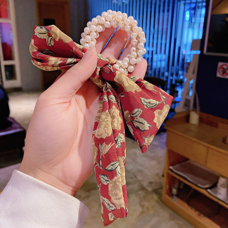 Pearl Hair Tie Broken Flower Bow Ribbon Rubber Band Hair Strap Female Hair Tie Strap Hair Accessories - XMART