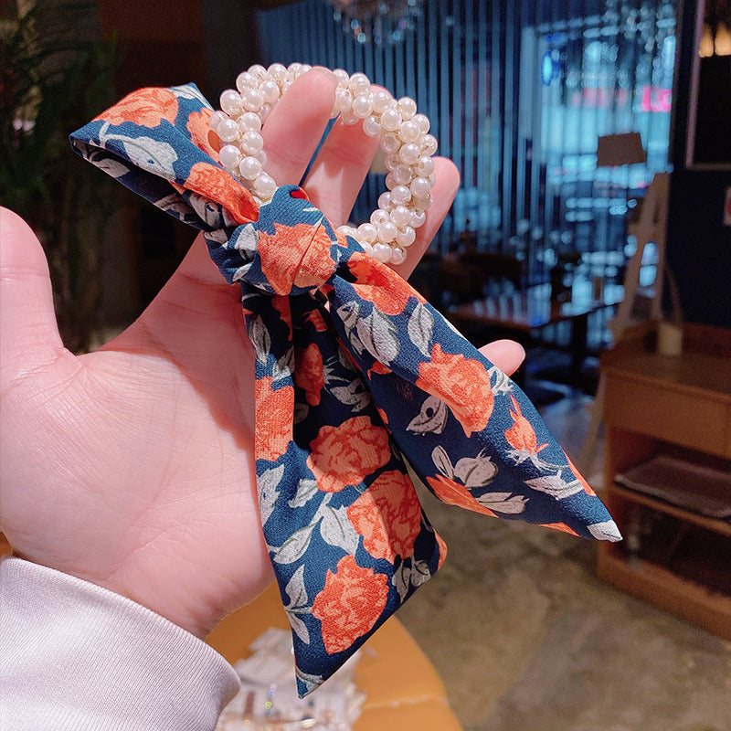 Pearl Hair Tie Broken Flower Bow Ribbon Rubber Band Hair Strap Female Hair Tie Strap Hair Accessories - XMART
